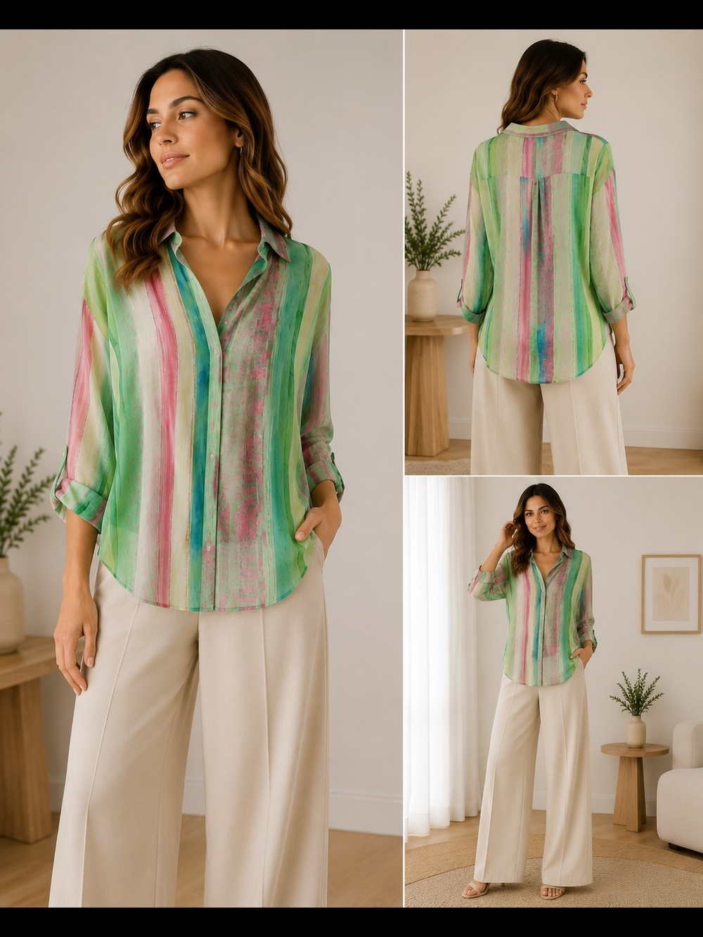 Mango Striped Watercolor Button-Down Shirt in Green & Pink